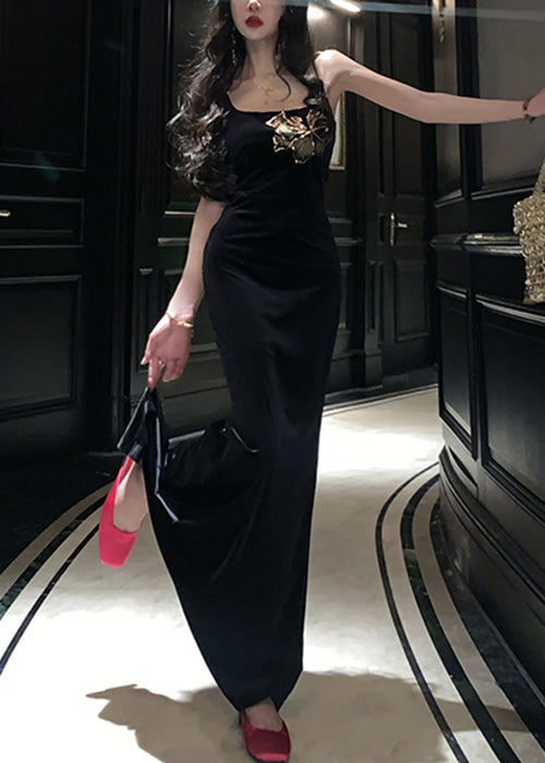 Slim Fit Black Side Open Silk Velour Spaghetti Strap Dress Sleeveless