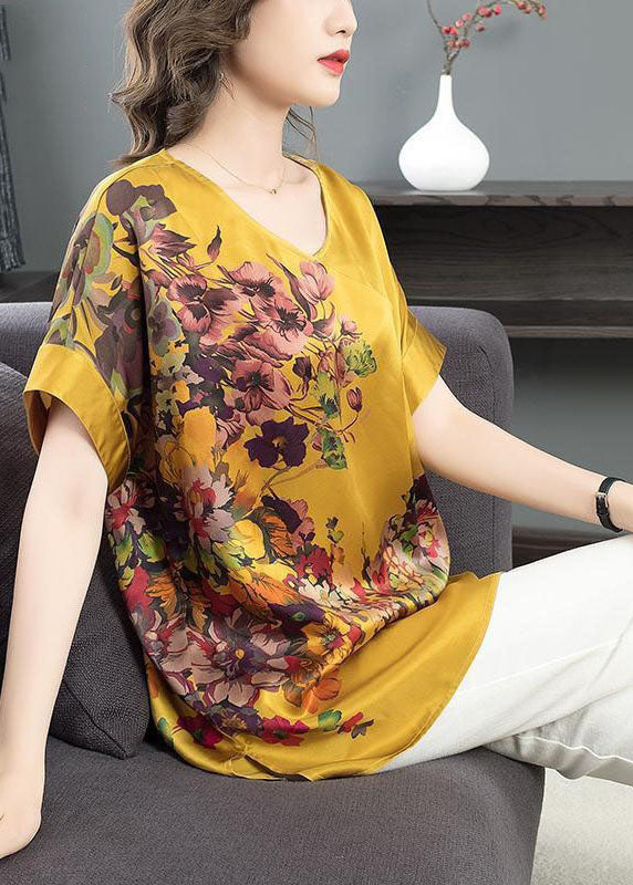 Yellow Print Chiffon Tanks V Neck Short Sleeve