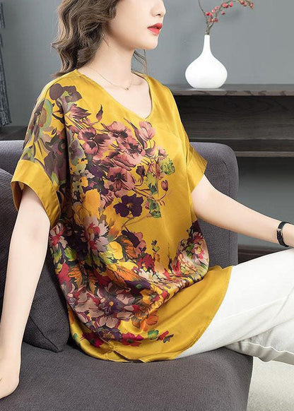 Yellow Print Chiffon Tanks V Neck Short Sleeve