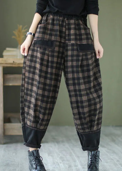 French Black Plaid Patchwork Denim Pants Spring