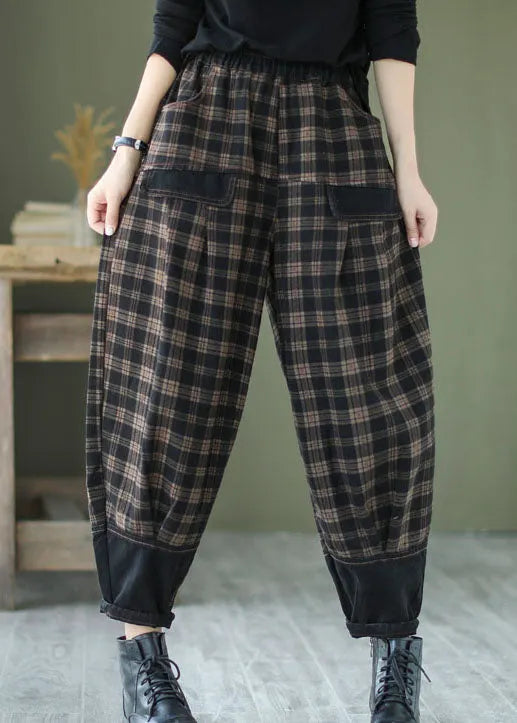 French Black Plaid Patchwork Denim Pants Spring