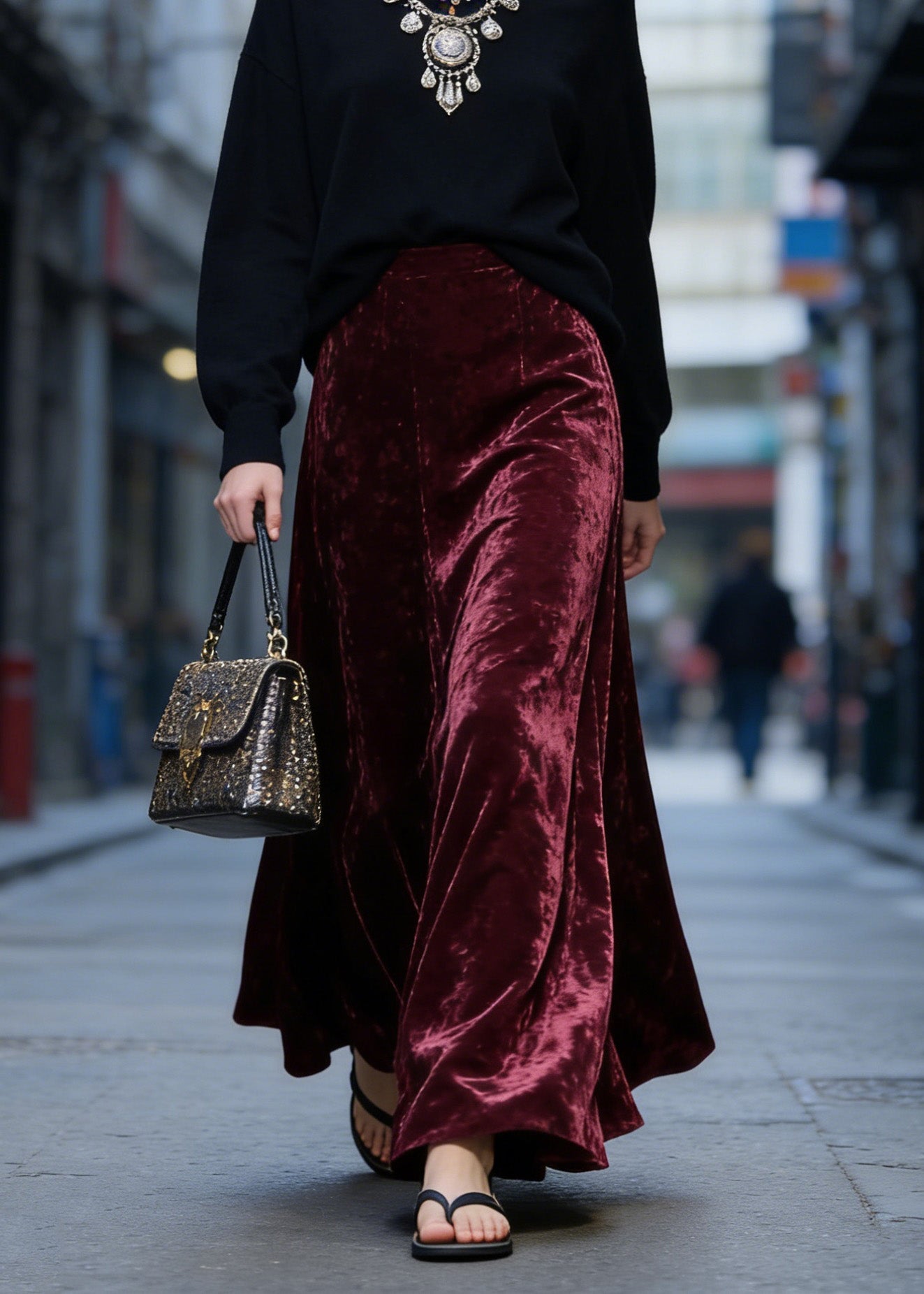 Mulberry High Waist Exra Large Hem Velvet Skirt Spring