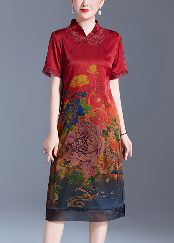Red Stand Collar Print Silk Dress Short Sleeve