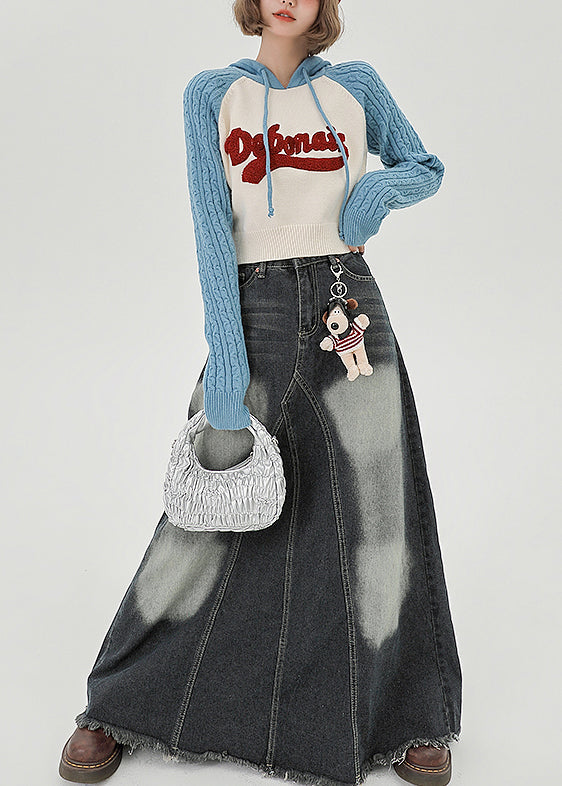 Blue Hooded Patchwork Jacquard Knit Sweatshirts Top Spring