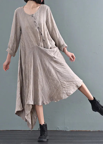 Khaki Asymmetrical Tie Dye Linen Ankle Dress Fall