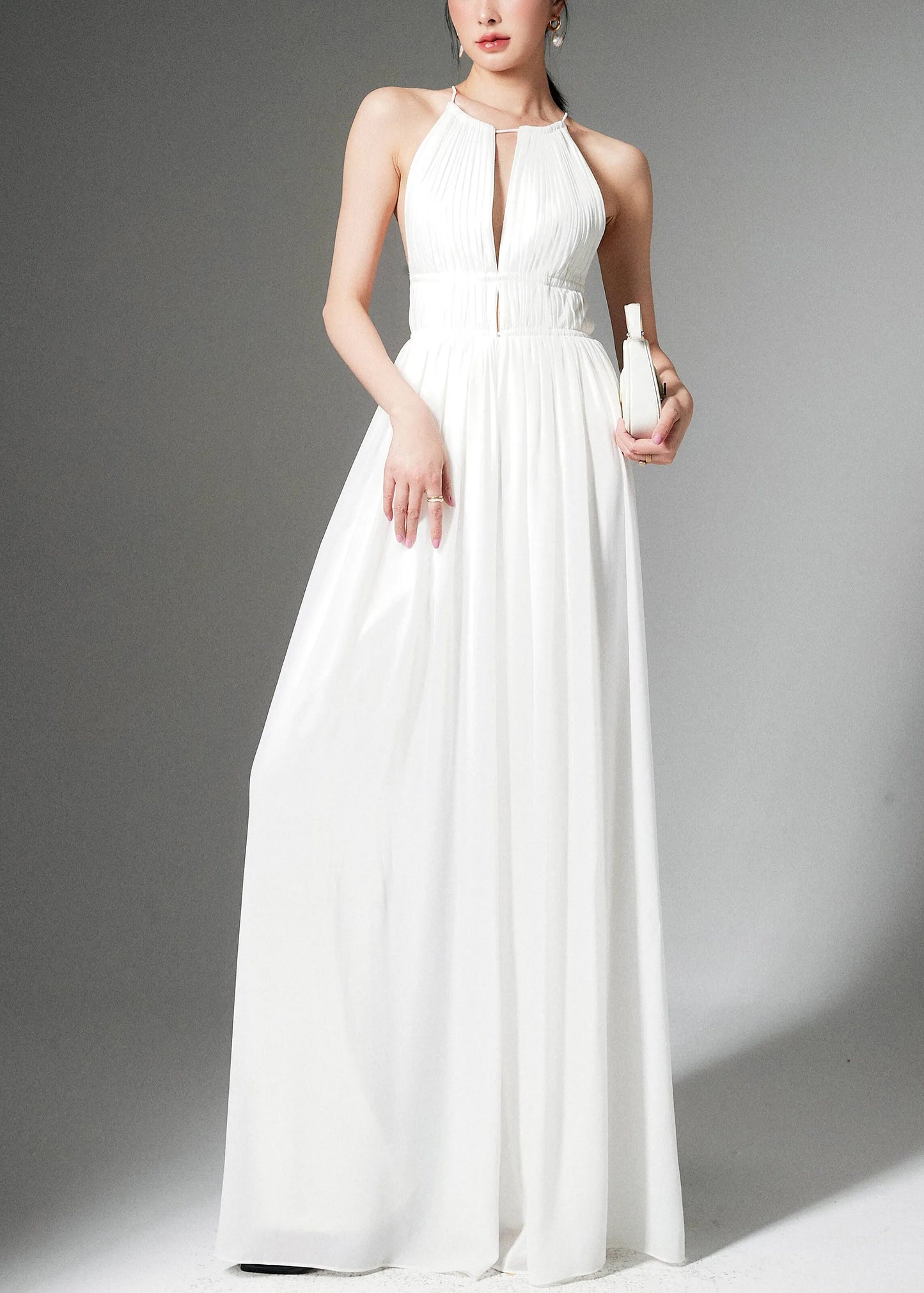 Stylish White Lace Up High Waist Silk Jumpsuit Sleeveless