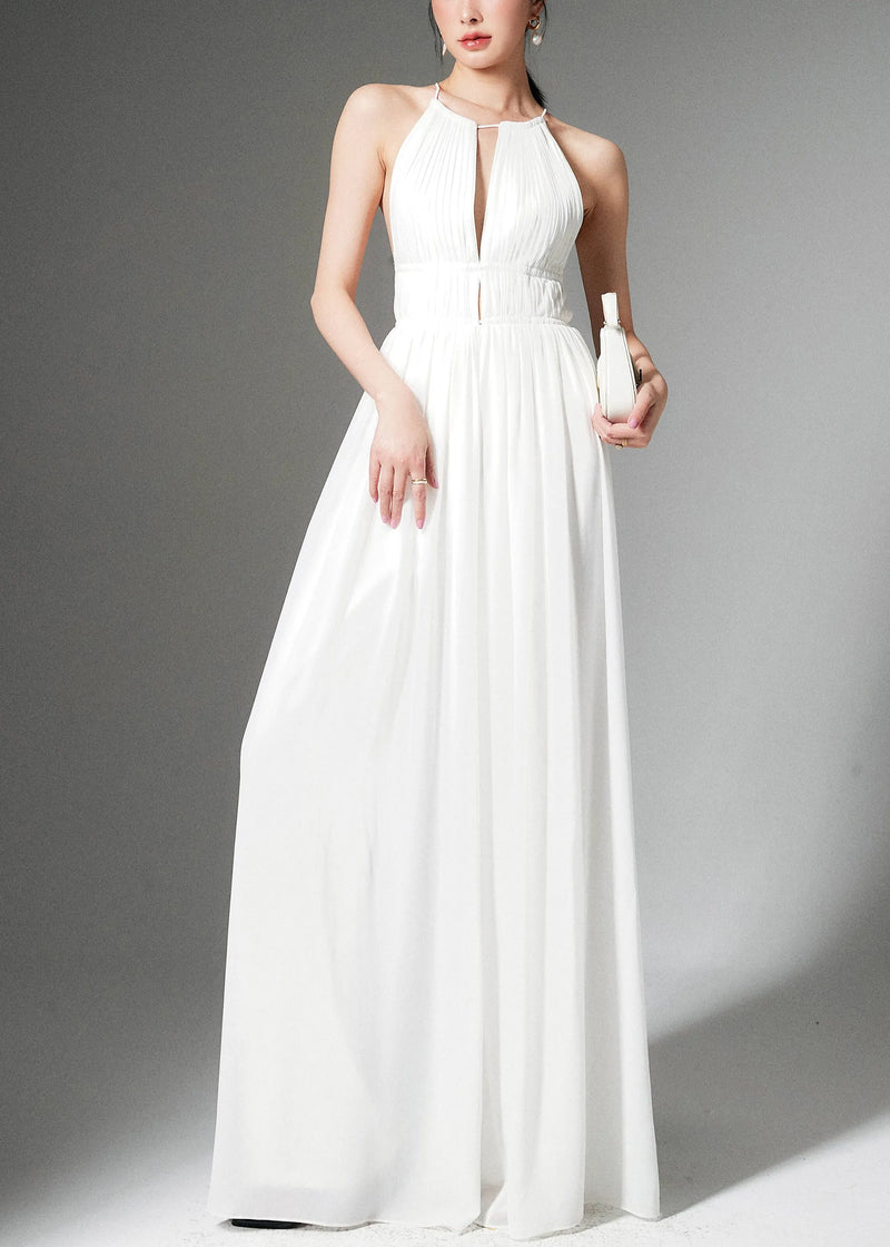 Stylish White Lace Up High Waist Silk Jumpsuit Sleeveless