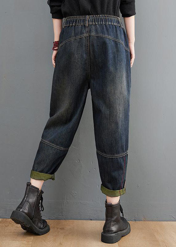 Navy Elastic Waist Pockets Patchwork Cotton Denim Pants Fall
