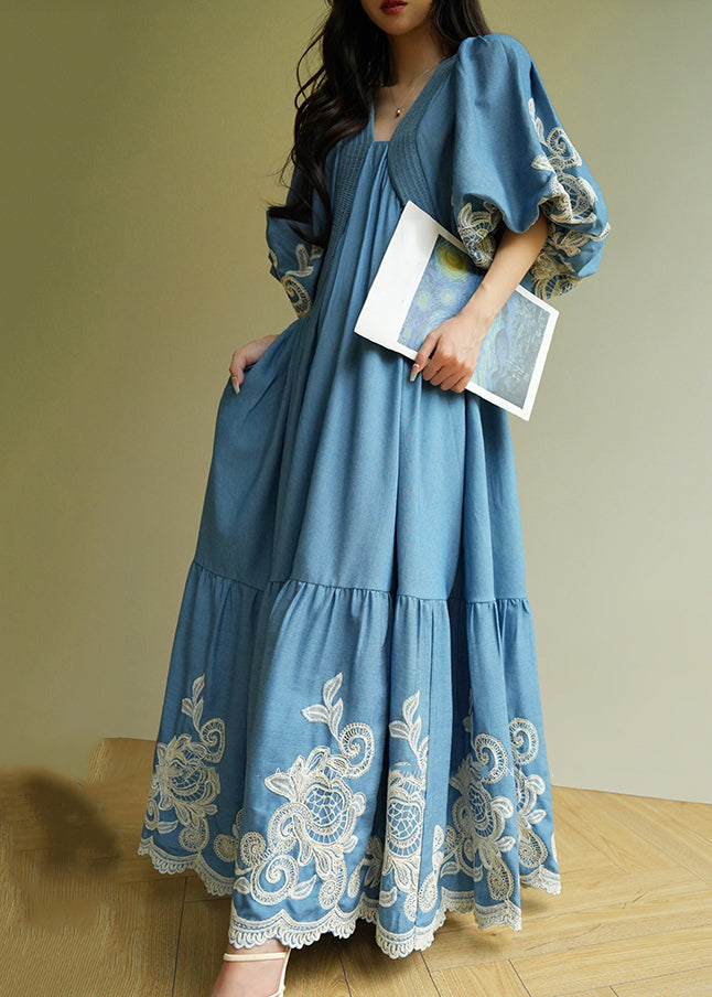 Blue Embroidered Vacation Maxi Dresses Summer