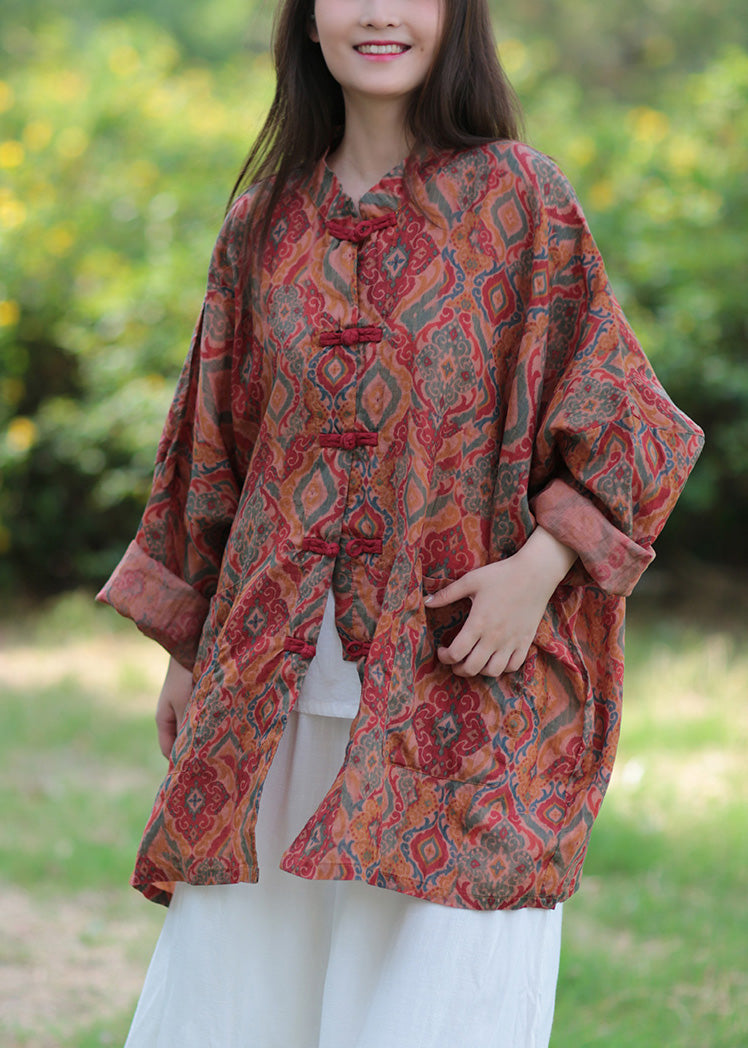 Stand Collar Print Button Ramie Long Coats Spring