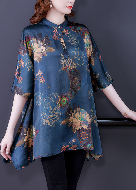 Navy Stand Collar Print Silk Tops Half Sleeve