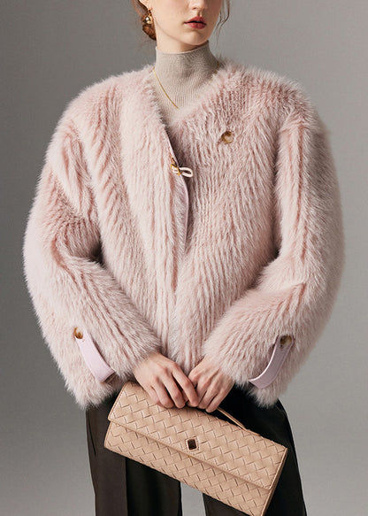 Pink Button Leather and Fur Winter Coat O Neck
