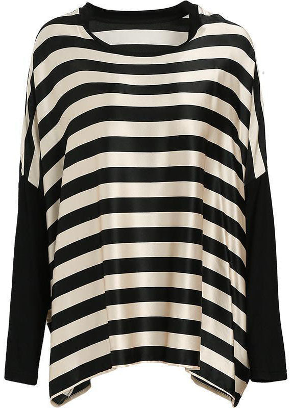 Black Striped O-neck Oversized Patchwork Silk Tops Batwing Sleeve