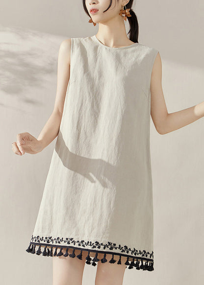 Apricot O-neck Embroidered Tassel Mid Dress Summer