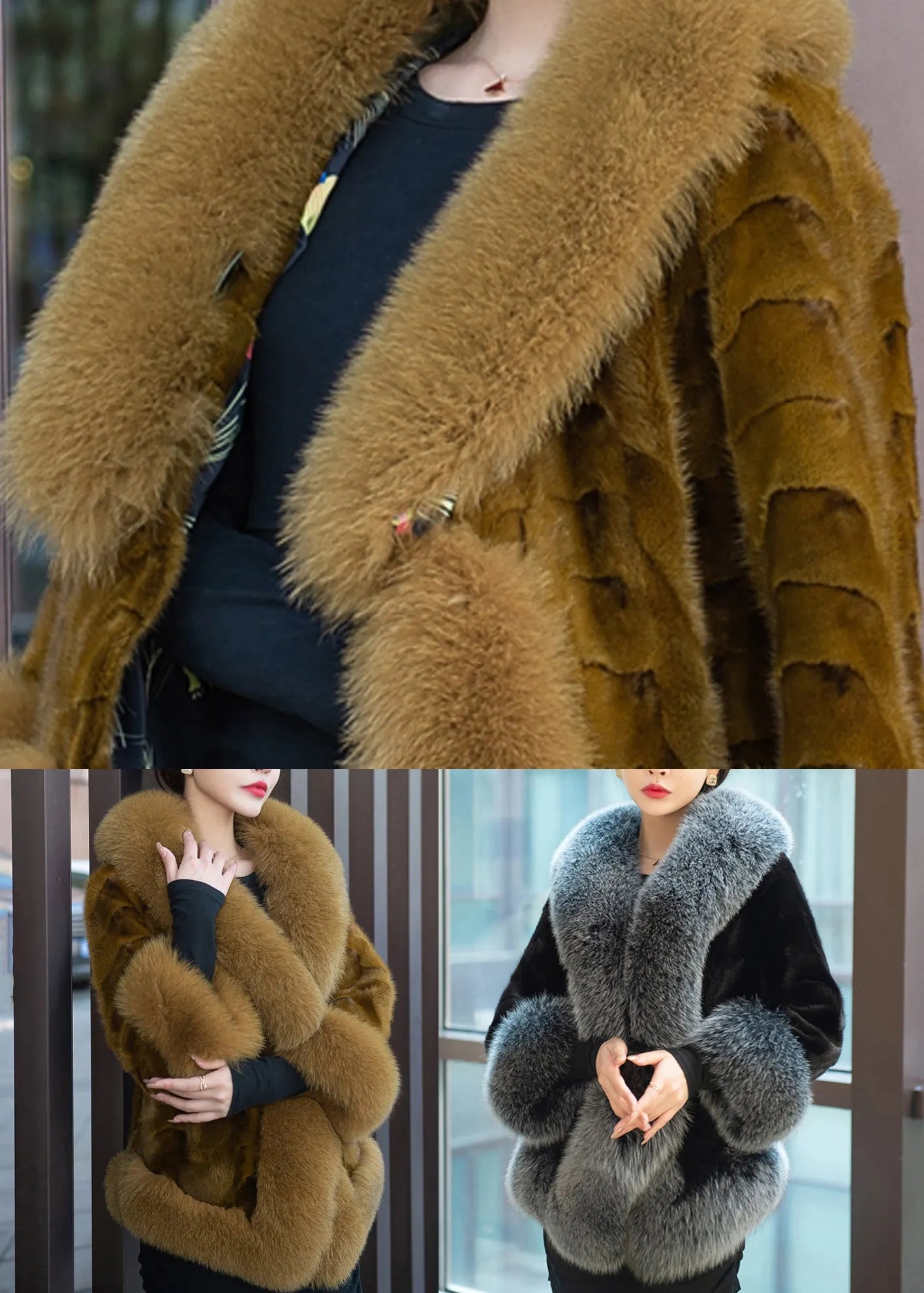 Yellow Pockets Patchwork Leather and Fur Coats V Neck Long Sleeve