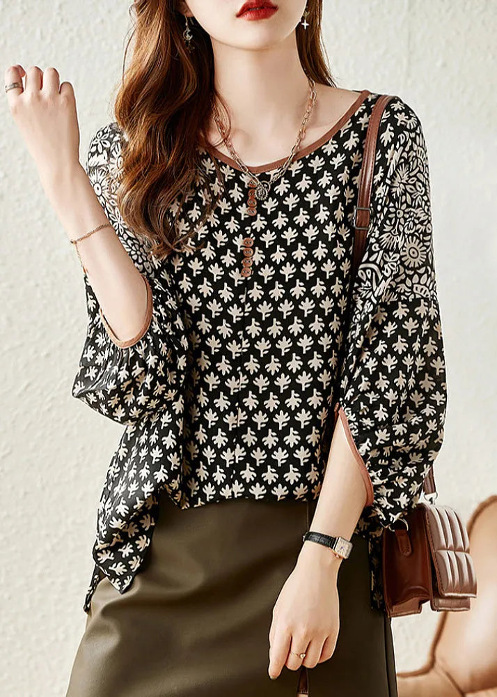 Black O-neck Print Chiffon Shirt Half Sleeve