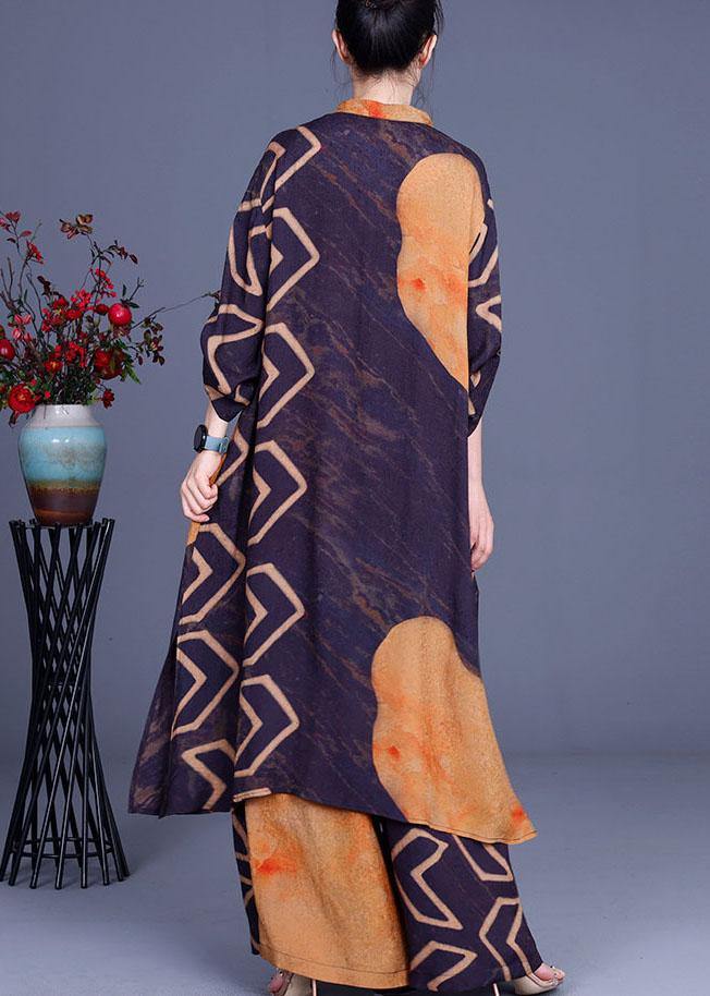 Blue Yellow Print Button Long Shirts Wide Leg Two Pieces Set