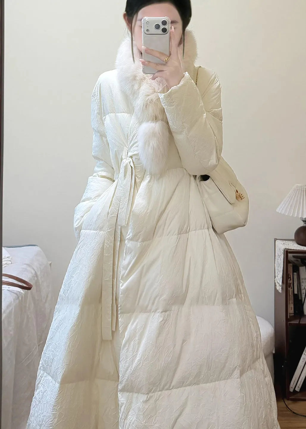 French White Fox Collar Tie Waist Duck Down Puffers Jackets Winter