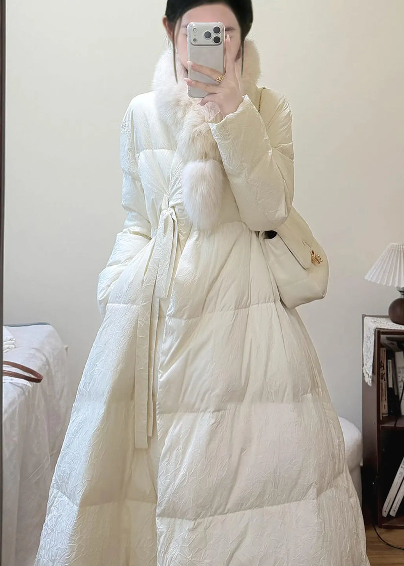 French White Fox Collar Tie Waist Duck Down Puffers Jackets Winter