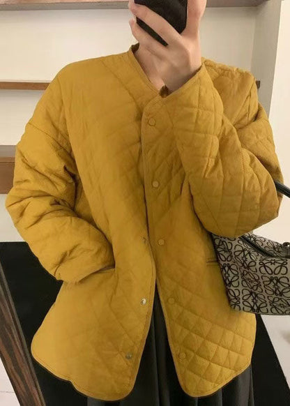 Yellow O Neck Pockets Fine Cotton Filled Jackets Fall
