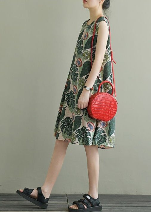 Green O-neck Print Bow Cotton a Line Dress Sleeveless