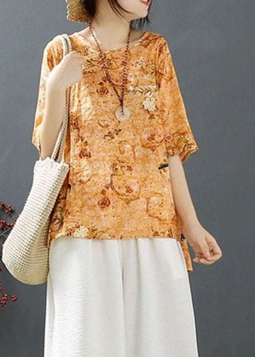 Natural Orange Print Low High Design Tops Half Sleeve