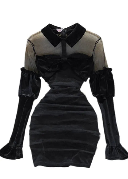 Black Peter Pan Collar Tulle Patchwork Bow Velour Hip Dress Long Sleeve
