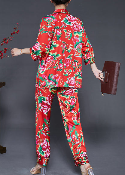 Red Peter Pan Collar Print Draping Silk Two Piece Set Fall