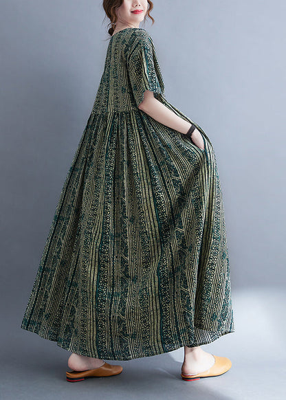 Green O-neck Cinched Print Extra Large Hem Long Dresses Short Sleeve