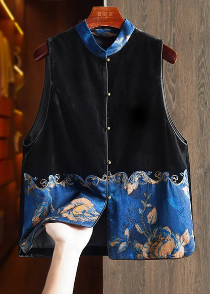 Black Stand Collar Embroideried Patchwork Silk Velour Waistcoat Sleeveless