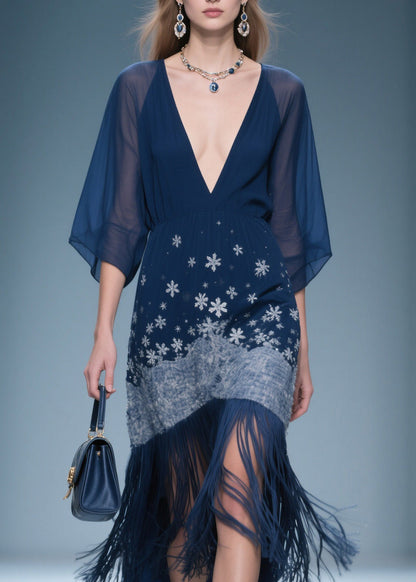 Fine V Neck Print Tassel Chiffon Maxi Dresses Summer