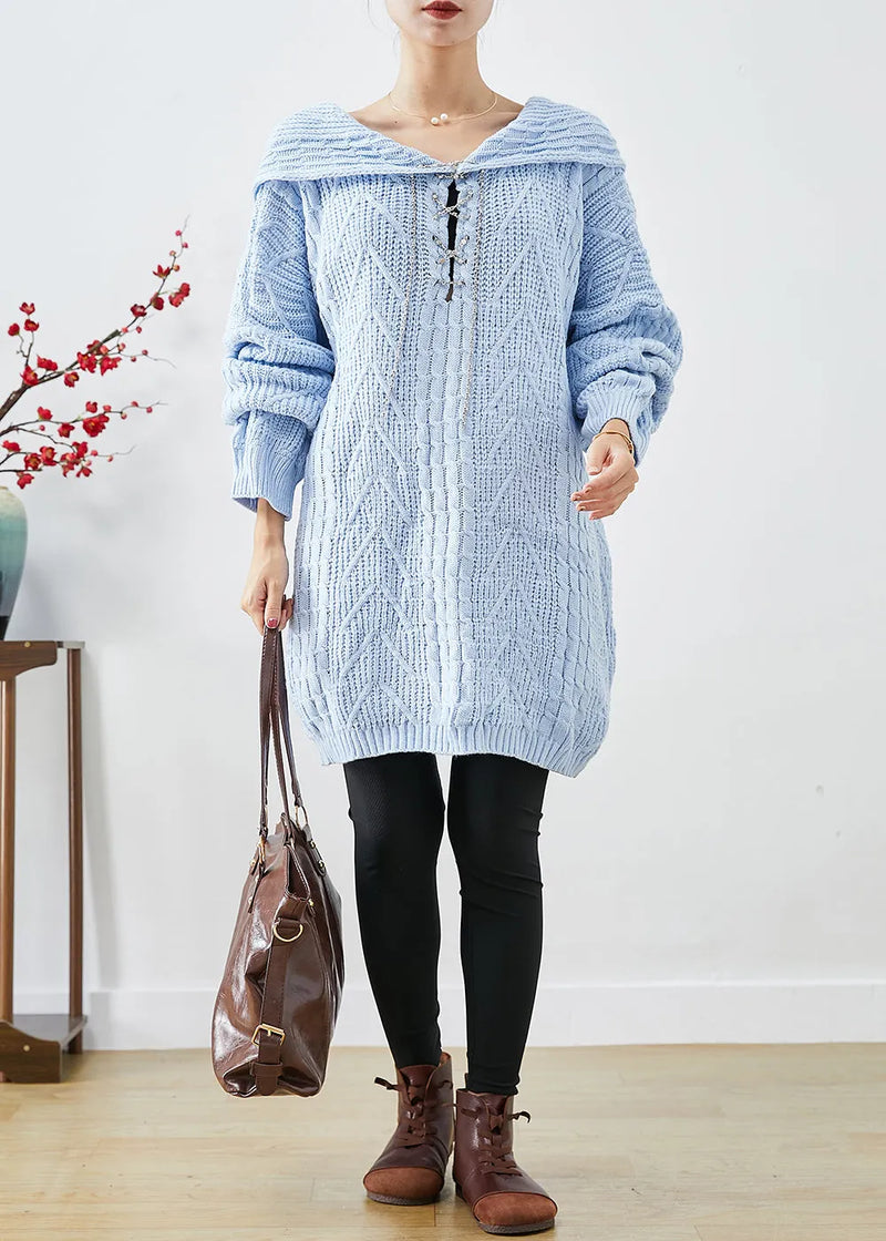 Sky Blue Hooded Oversized Knit Sweater Dress Fall