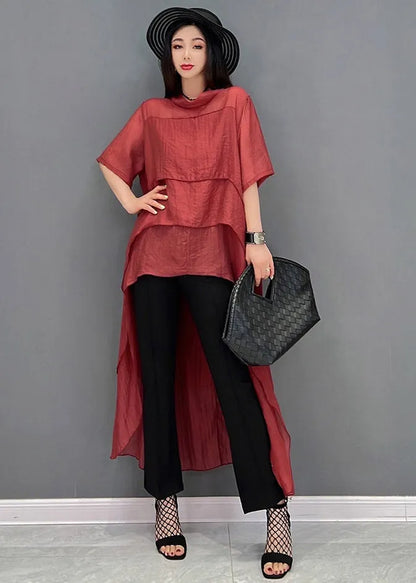 Red O-neck Asymmetrical Patchwork Dresses Short Sleeve