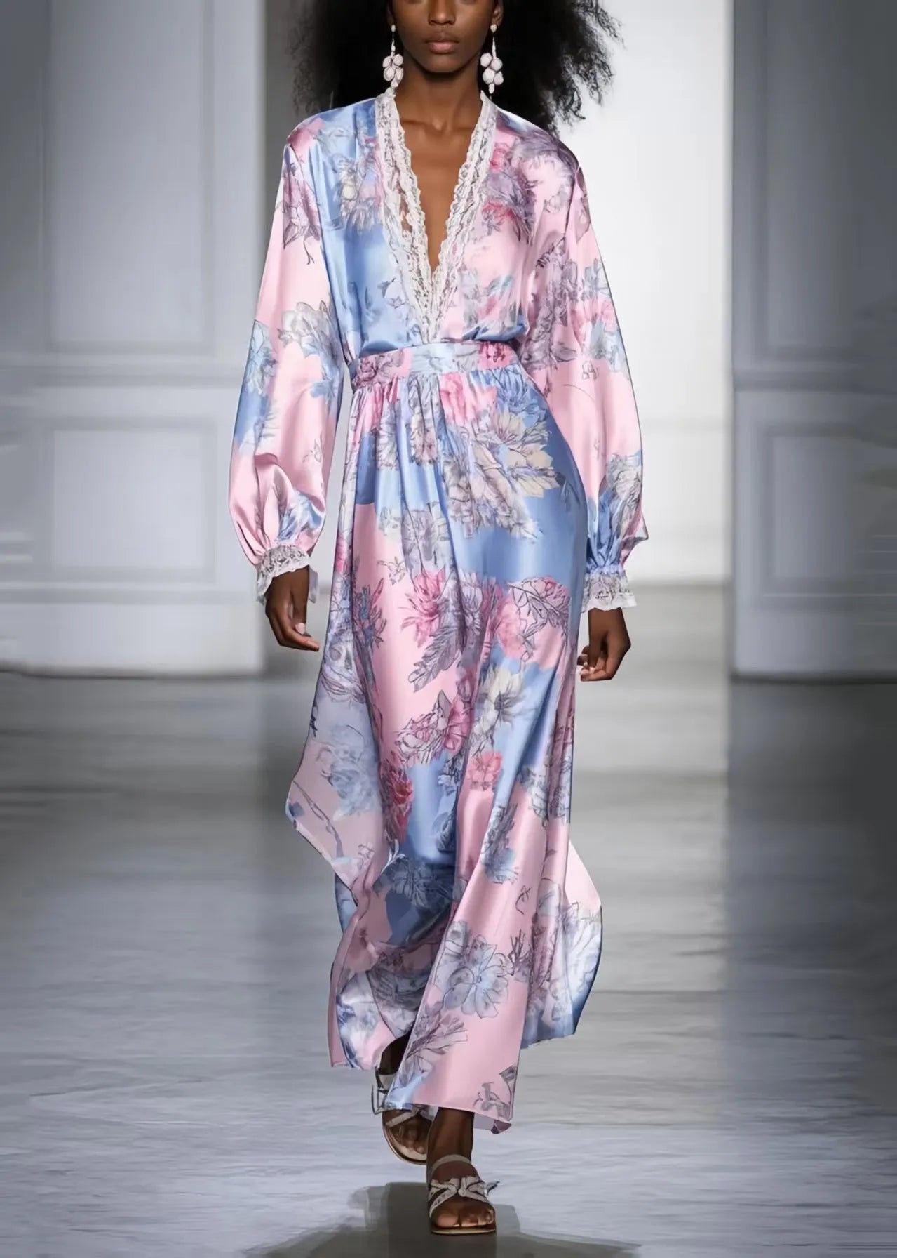 Pink V Neck Print Silk Vacation Dresses Spring