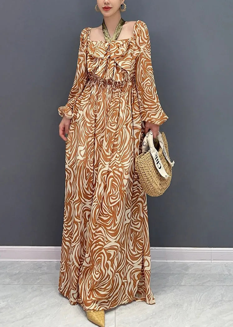 Stylish Orange Square Collar Print Chiffon Jumpsuit Fall