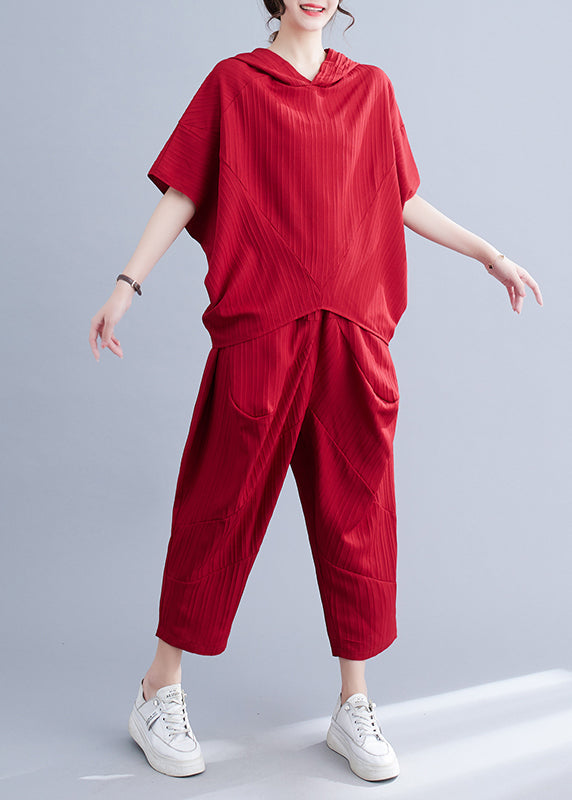 Mulberry Hooded Patchwork Two Piece Set Batwing Sleeve