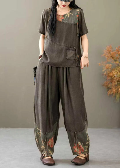 Black Print Tops and Crop Pants Denim Two Piece Suit Summer