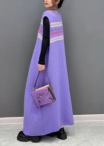 Purple Print Side Open Cashmere Knit Long Dresses Sleeveless
