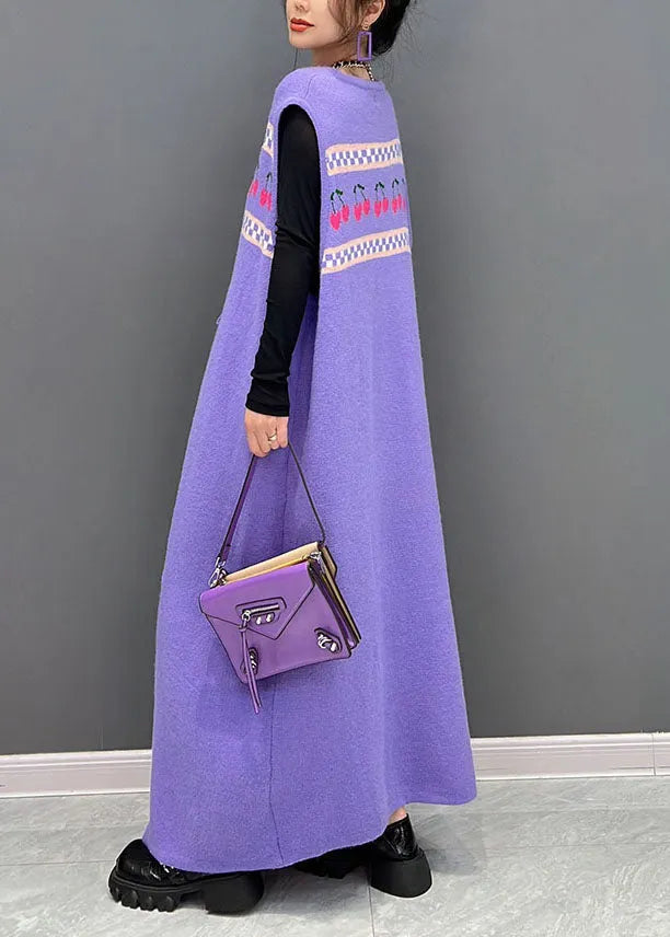 Purple Print Side Open Cashmere Knit Long Dresses Sleeveless
