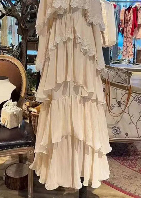 Unique Beige Tie Lace Long Spaghetti Strap Cake Dress Sleeveless