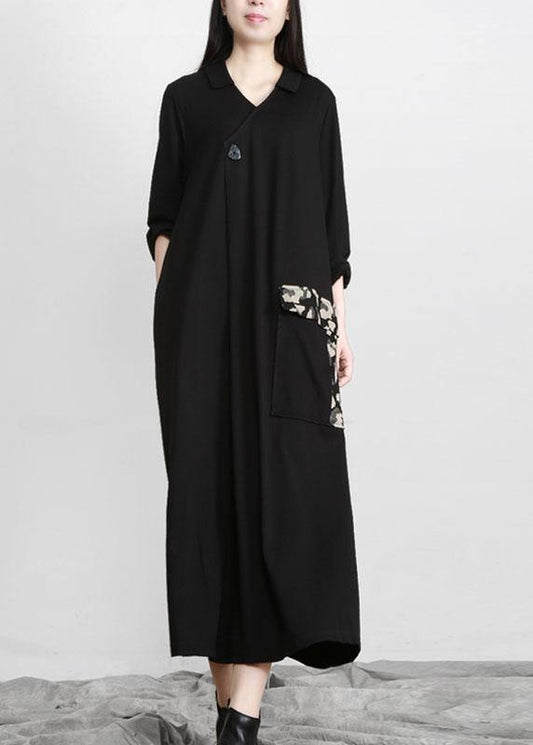 Modern Black Patchwork Print V Neck Pockets Fall Dresses