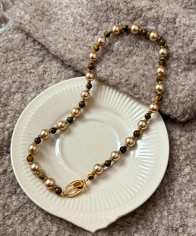 Fine Colorblock Alloy Tiger's Eye Pearl Patchwork Gratuated Bead Necklace