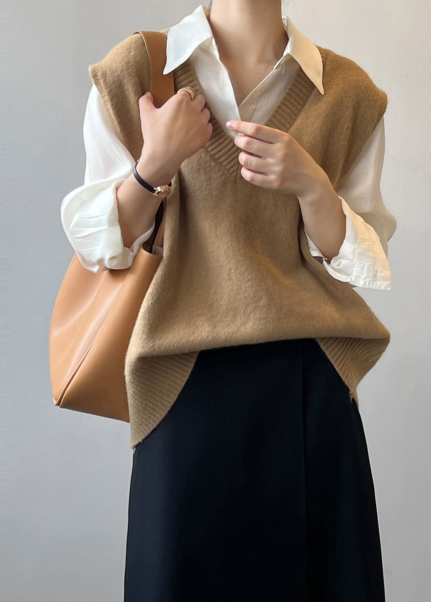 Simple Versatile Khaki V Neck Knit Vest Sleeveless
