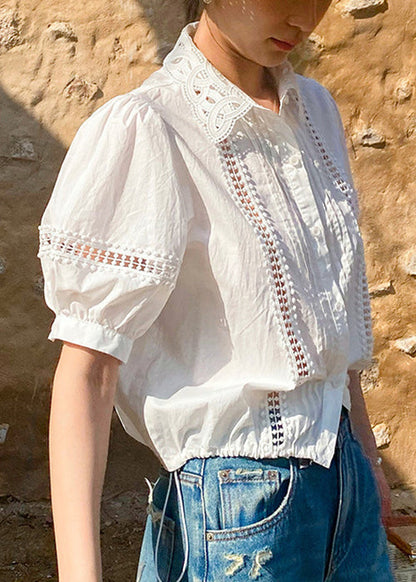 White Hollow Out Cotton Summer Shirts Peter Pan Collar