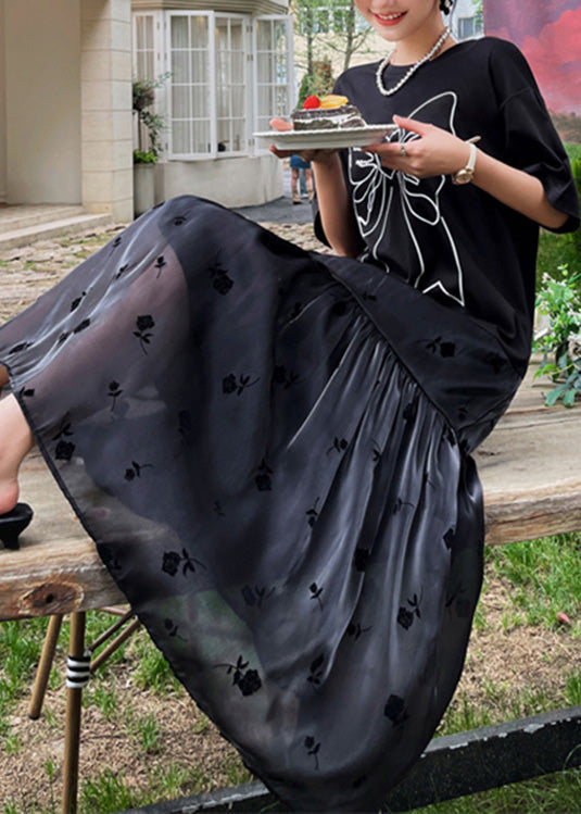 Black O-neck Bow Tulle Patchwork Cotton Maxi Dresses Summer