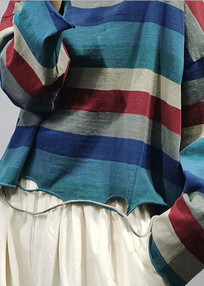 Stylish O-neck Asymmetrical Hole Striped Cotton Top Long Sleeve