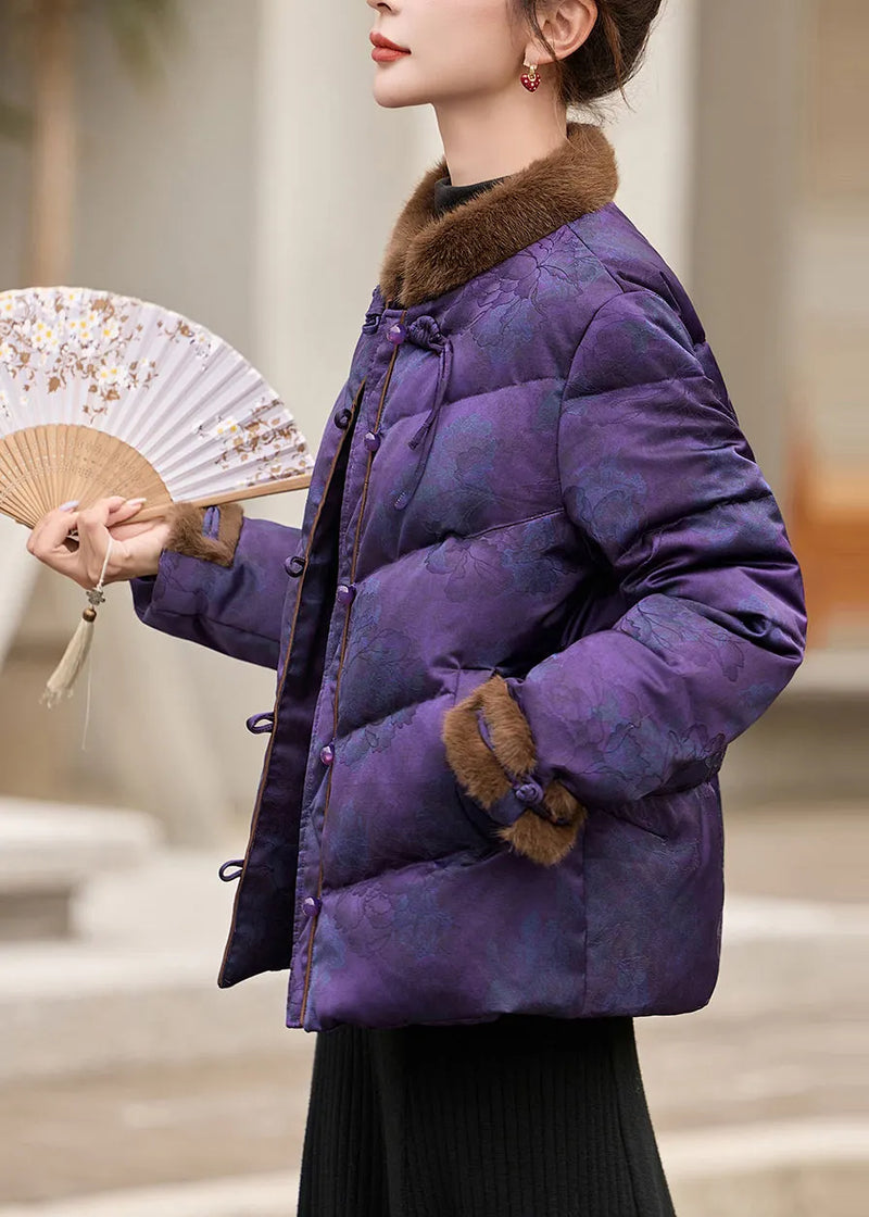 Chinese Style Purple Stand Collar Patchwork Duck Down Down Coats Winter