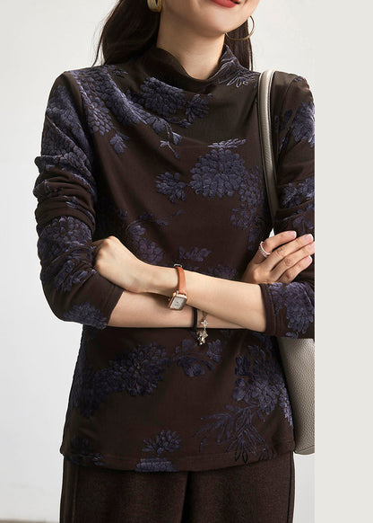 Coffee Turtleneck Patchwork Warm Fleece Blouses Spring