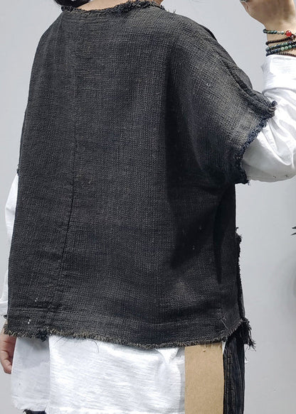 Black O-neck Asymmetrical Pocket Linen Tank Tops Short Sleeve