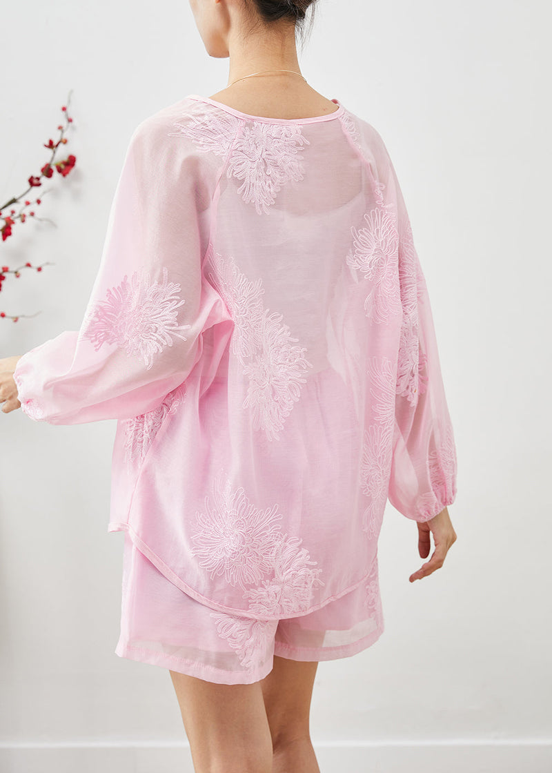 Pink Embroideried Chinese Button Linen Silk 2 Piece Outfit Summer